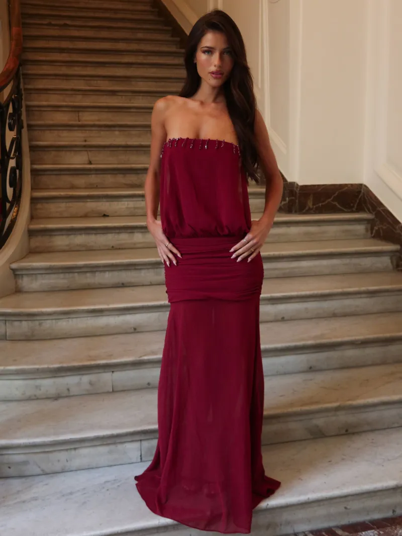 BURGUNDY BACKLESS STRAPLESS MAXI DRESS - Image 2