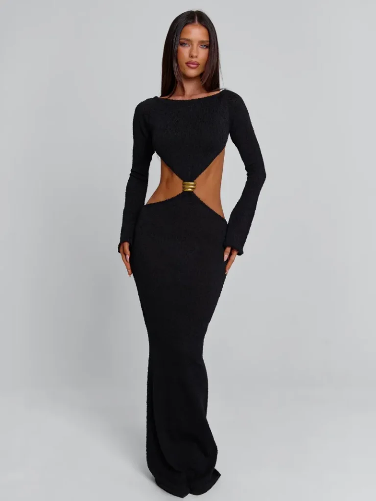BLACK OPEN BACK CUTOUT MAXI DRESS