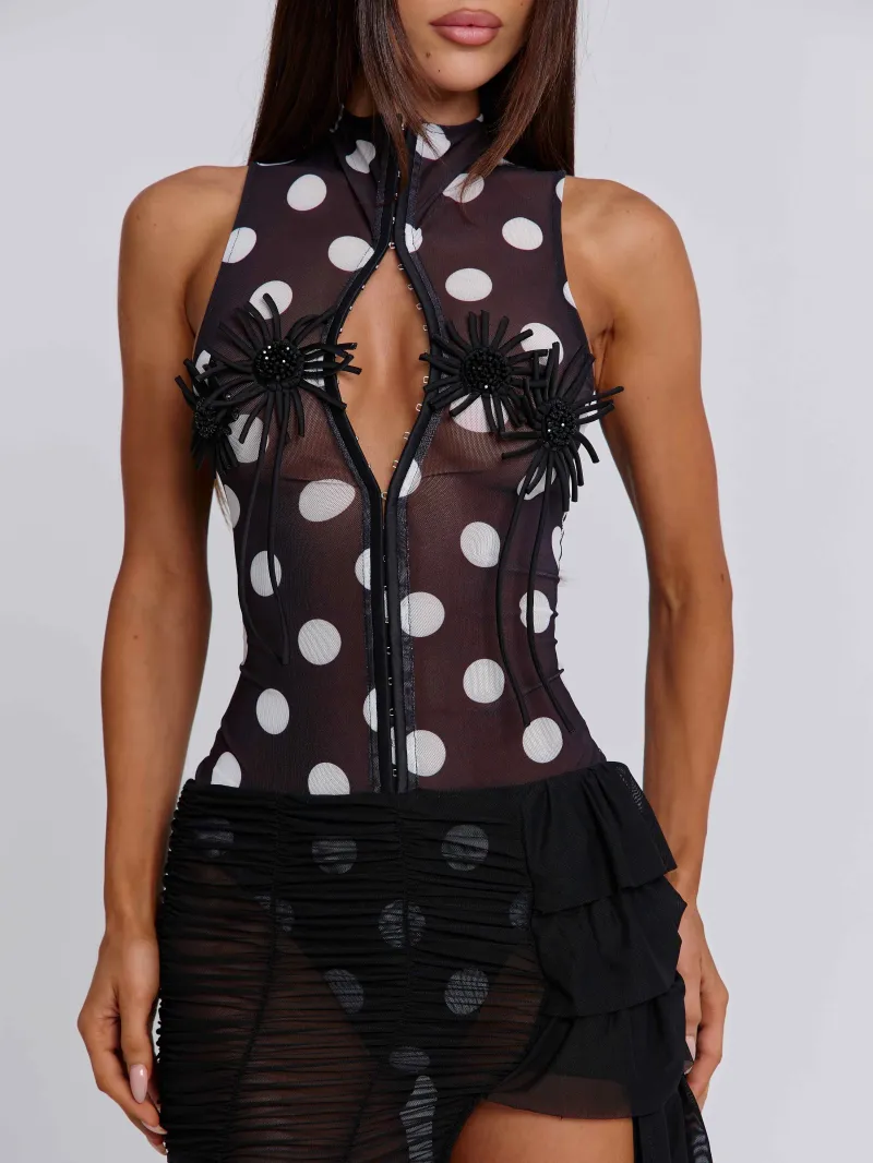 BLACK POLKA DOT FRILL MESH MAXI DRESS - Image 3