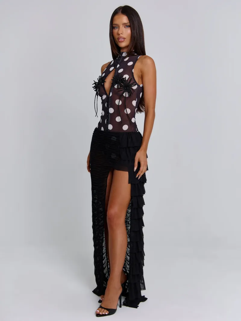 BLACK POLKA DOT FRILL MESH MAXI DRESS - Image 4