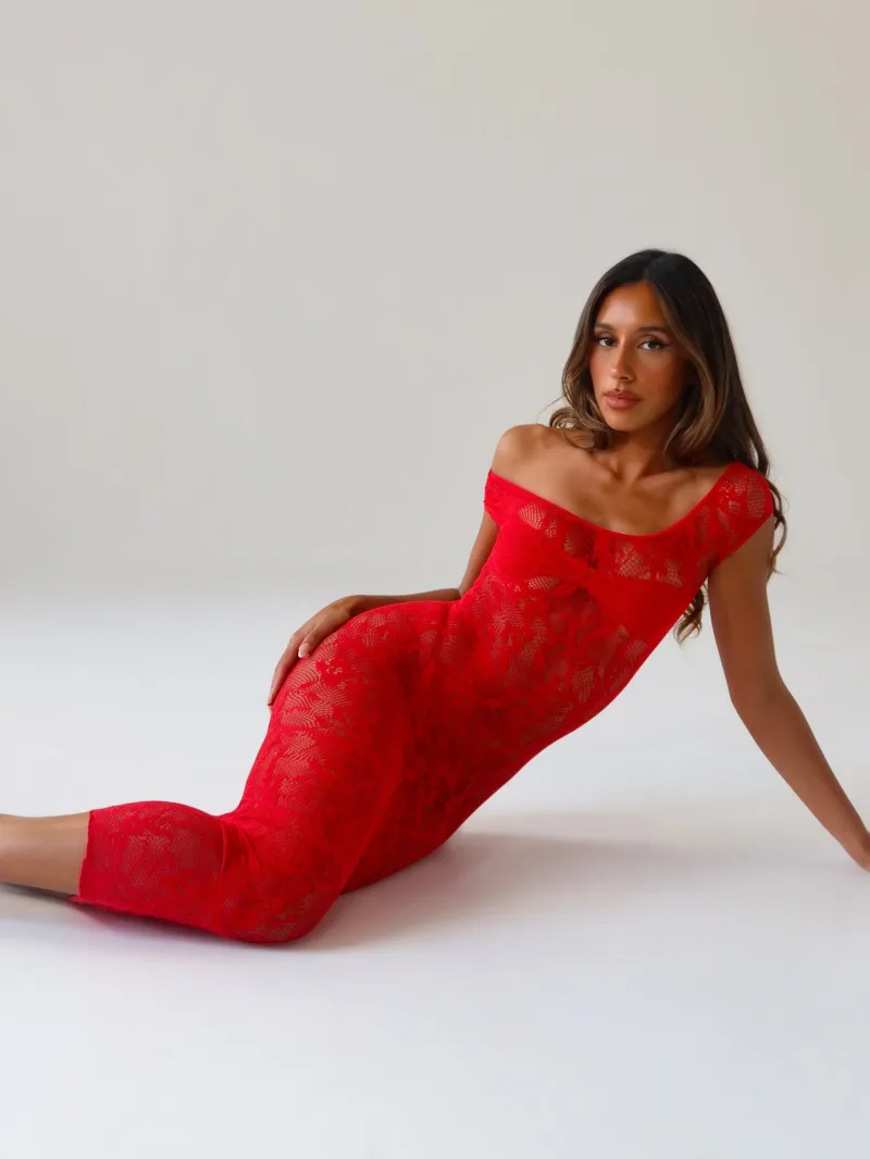 MIDI RED LACE PARTY MAXI DRESS - Image 2
