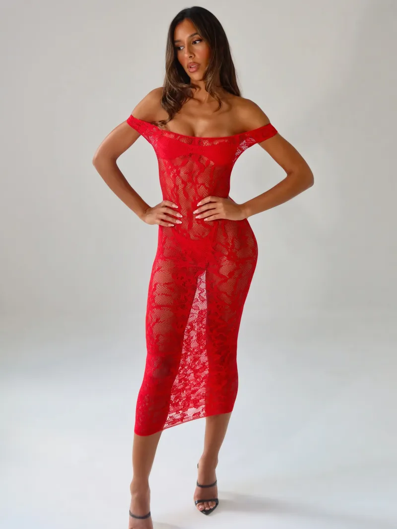 MIDI RED LACE PARTY MAXI DRESS - Image 5