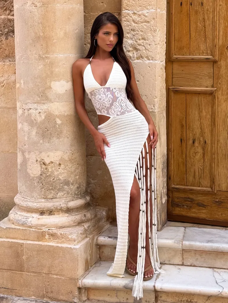 OFF WHITE HALTER FRINGE MAXI DRESS
