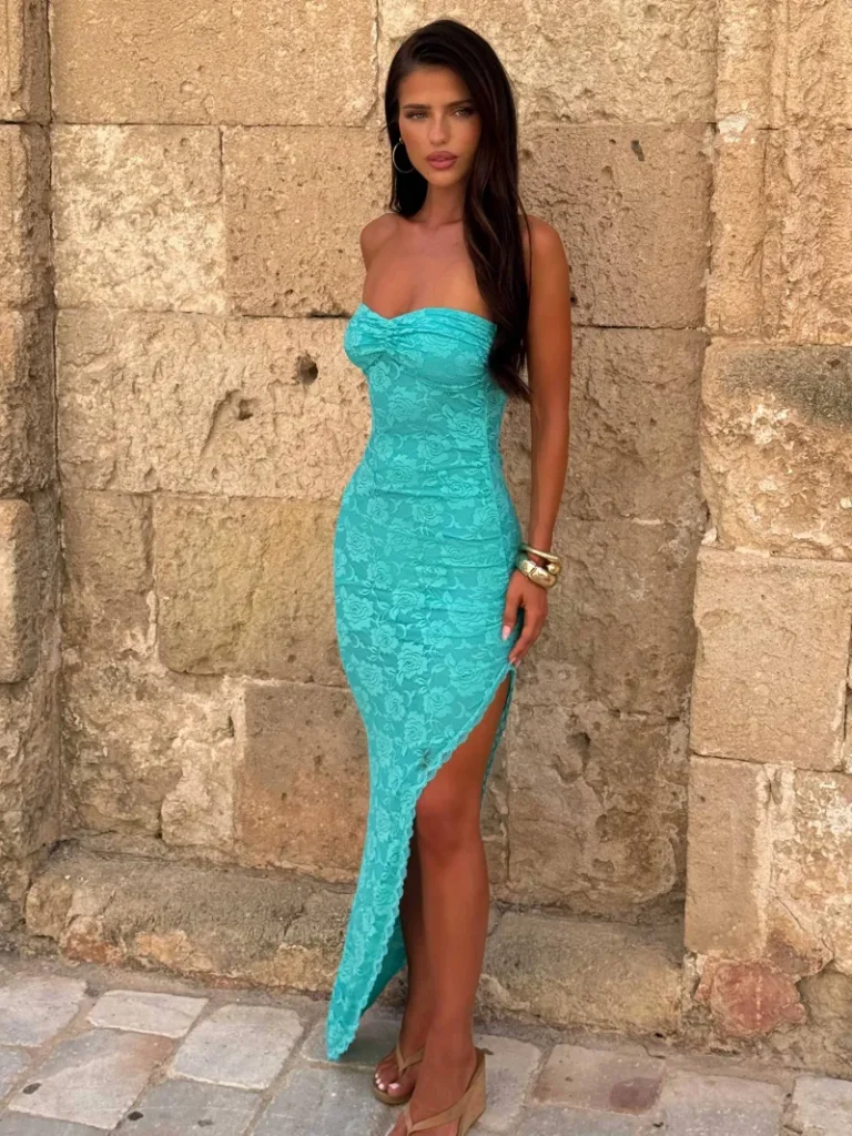 BLUE STRAPLESS ASYMMETRIC MAXI DRESS