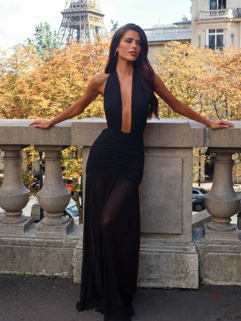 BLACK OPEN BACK HALTER PLUNGE MAXI DRESS