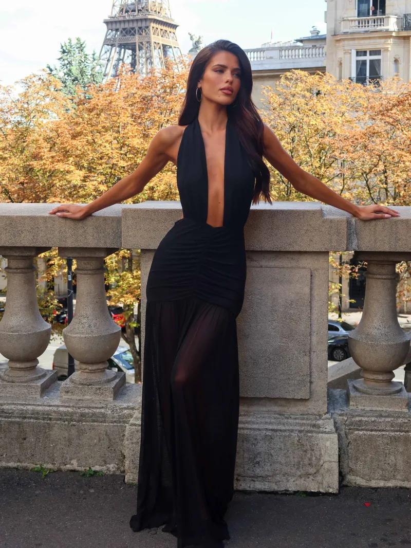 BLACK OPEN BACK HALTER PLUNGE MAXI DRESS