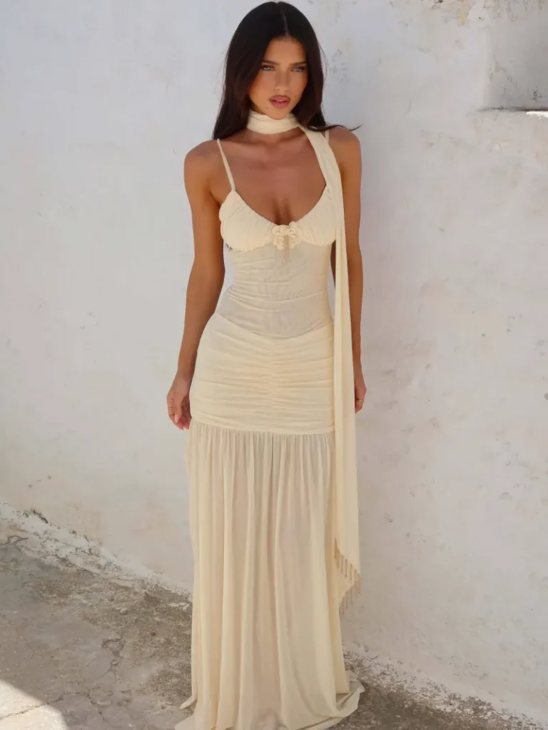 CREAM GATHERED RUCHED MAXI DRESS