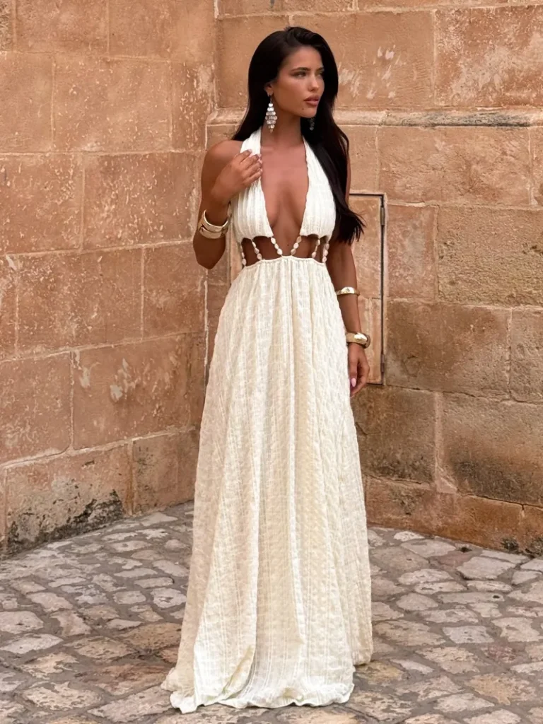 WHITE CUTOUT HALTER MAXI DRESS