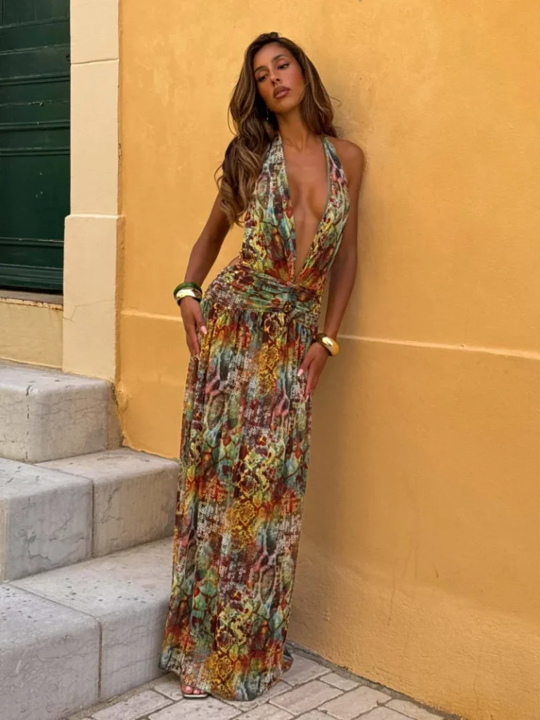 OPEN BACK HALTER PLUNGE MAXI DRESS
