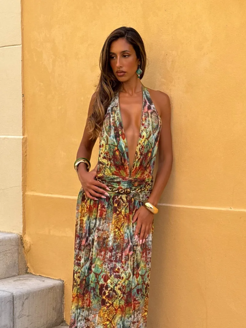 OPEN BACK HALTER PLUNGE MAXI DRESS - Image 5