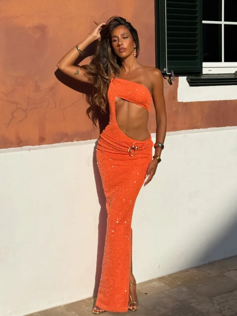 ORANGE CUTOUT GATHERED MAXI DRESS