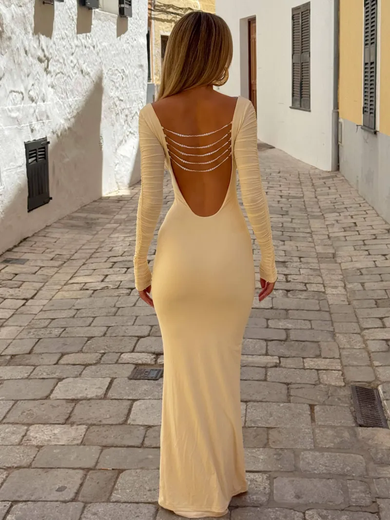 CREAM PLUNGE GATHERED MAXI DRESS - Image 5