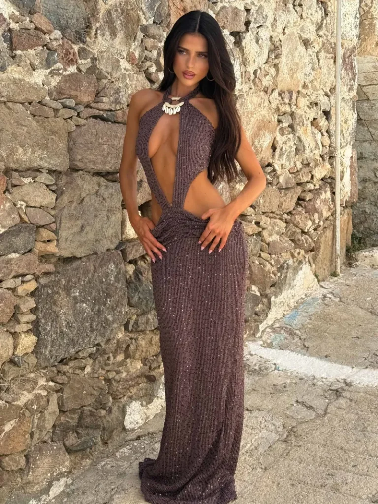 CHOCOLATE HALTER PLUNGE MAXI DRESS