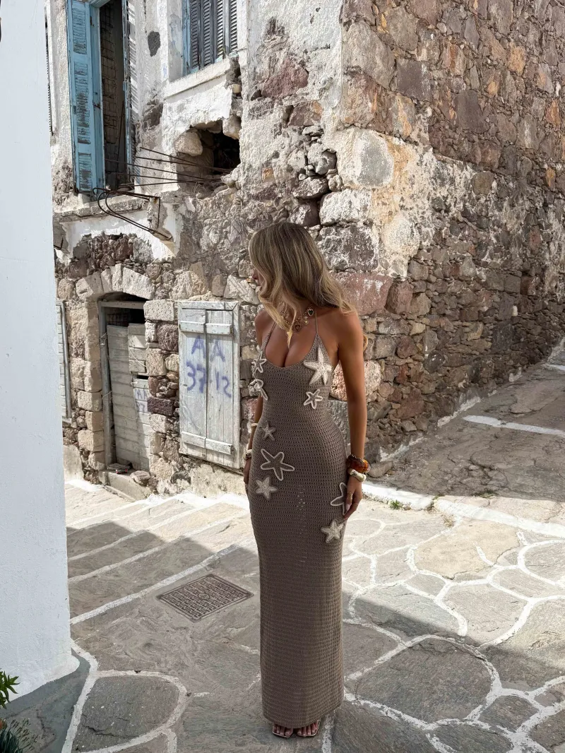 TAN WHITE HALTER TIE DETAIL MAXI DRESS - Image 3