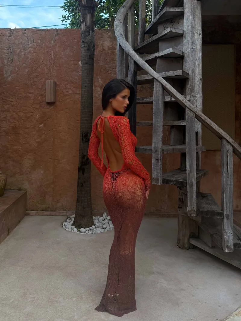 ORANGE OMBRE LONG SLEEVE TIE DETAIL MAXI DRESS - Image 5