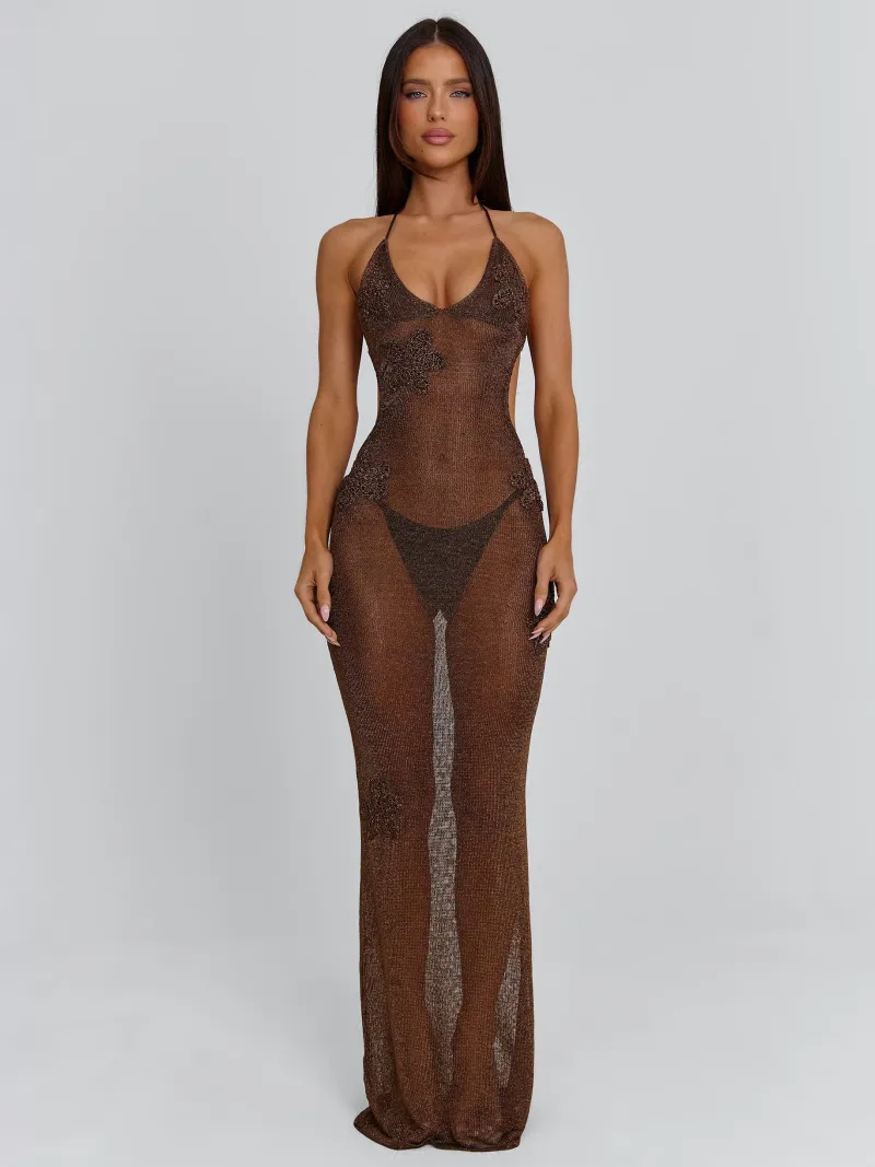 CHOCOLATE CUTOUT TIE DETAIL MAXI DRESS - Image 3
