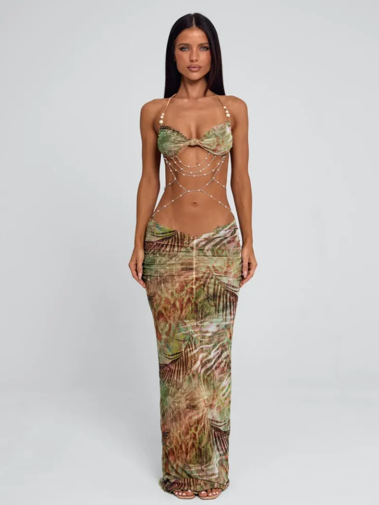 SAGE HALTER DRAPED MAXI DRESS