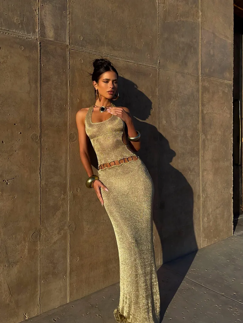 GOLD HALTER TIE DETAIL MAXI DRESS