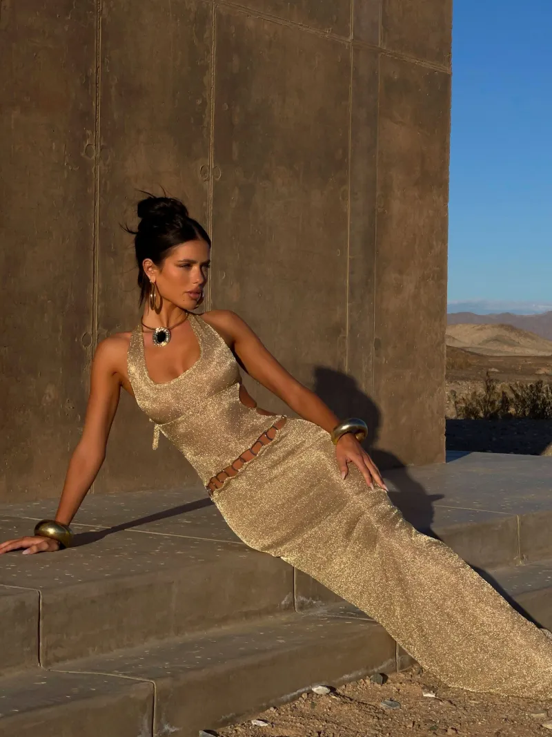 GOLD HALTER TIE DETAIL MAXI DRESS - Image 2