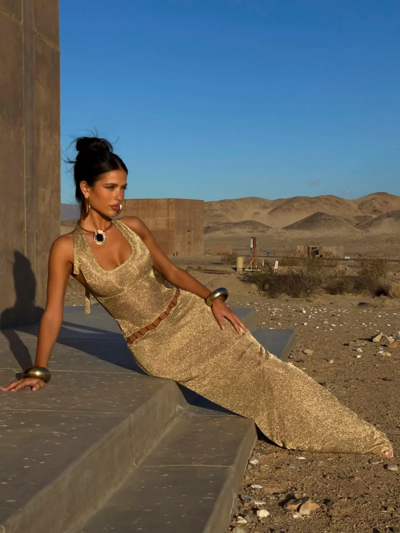 GOLD HALTER TIE DETAIL MAXI DRESS - Image 4