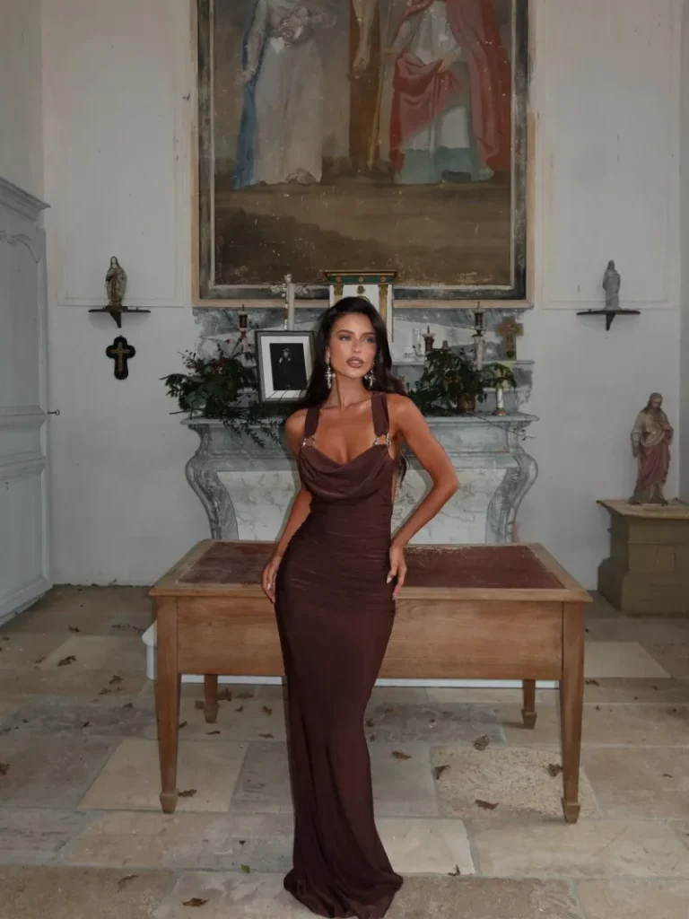CHOCOLATE BACKLESS COWL MAXI DRESS