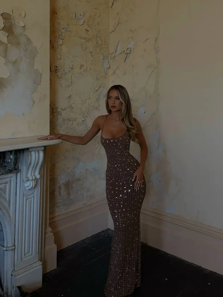 TAN MESH SHEER MAXI DRESS