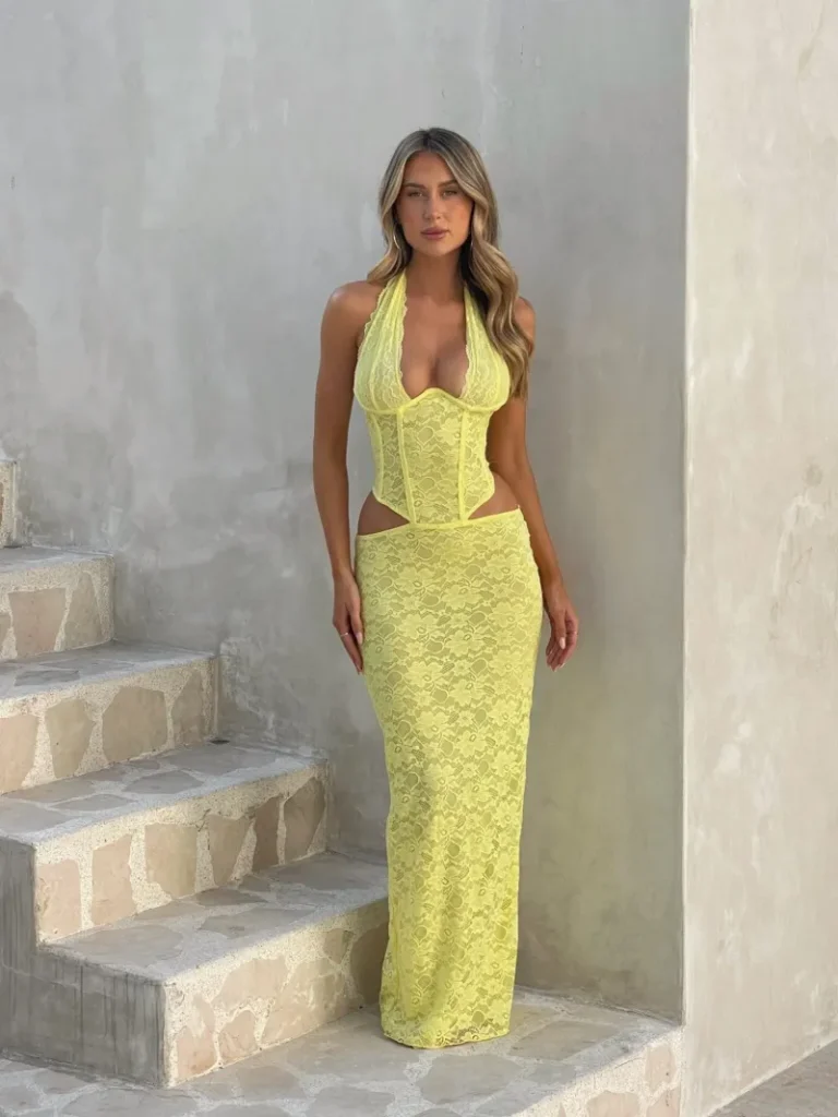 YELLOW CUTOUT HALTER MAXI DRESS