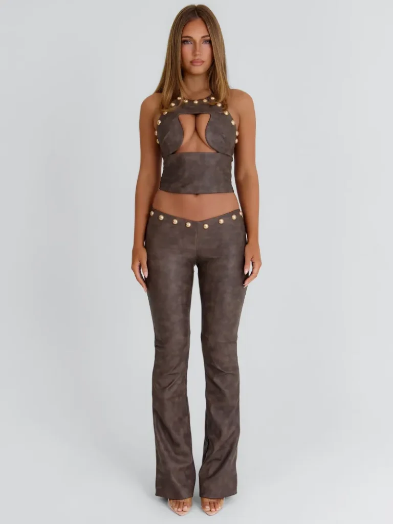 BROWN FAUX LEATHER FITTED PANTS