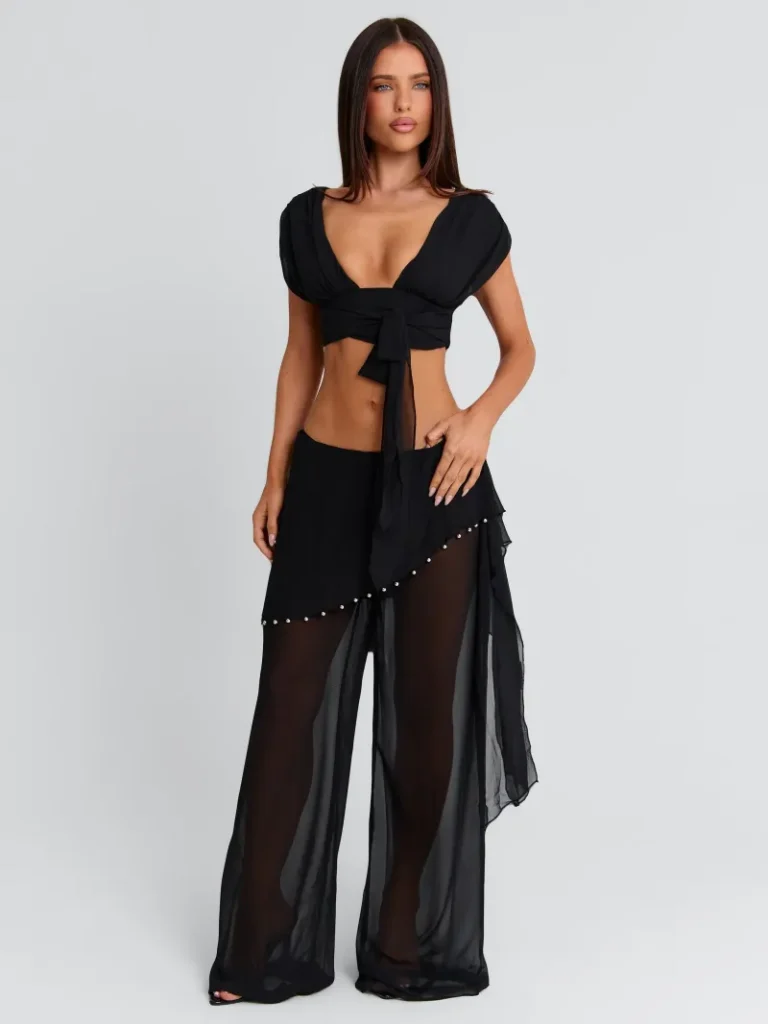 BLACK ASYMMETRIC GEORGETTE PANTS