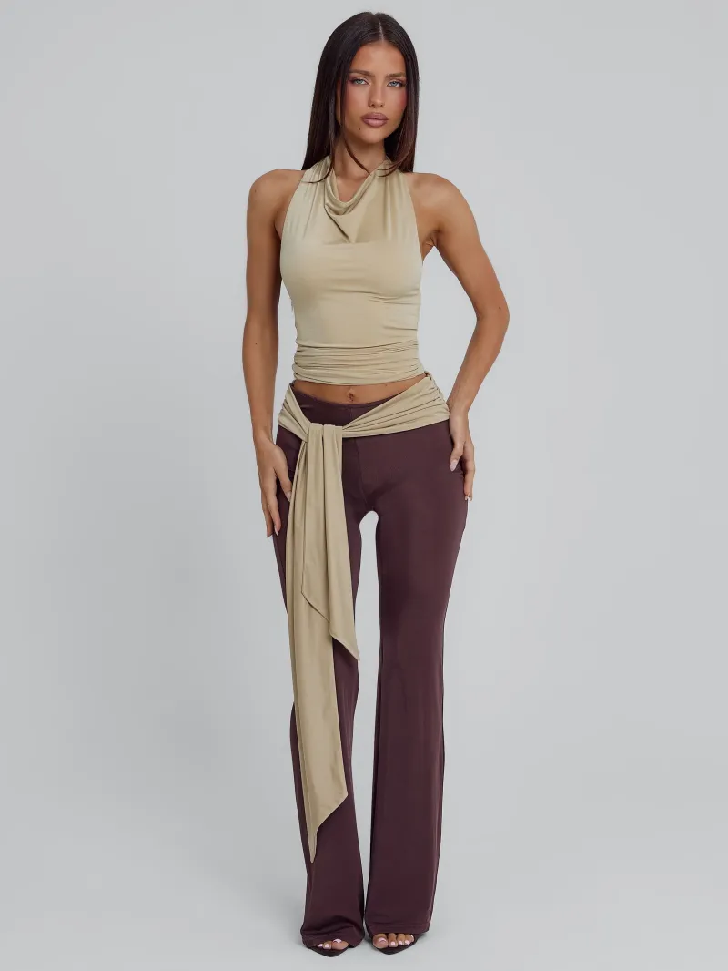 PANT BROWN TAN TIE DETAIL JERSEY PANTS