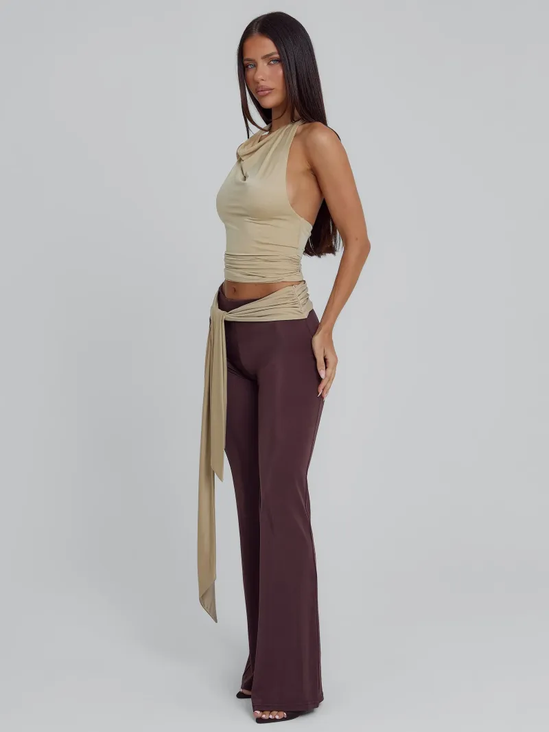 PANT BROWN TAN TIE DETAIL JERSEY PANTS - Image 2