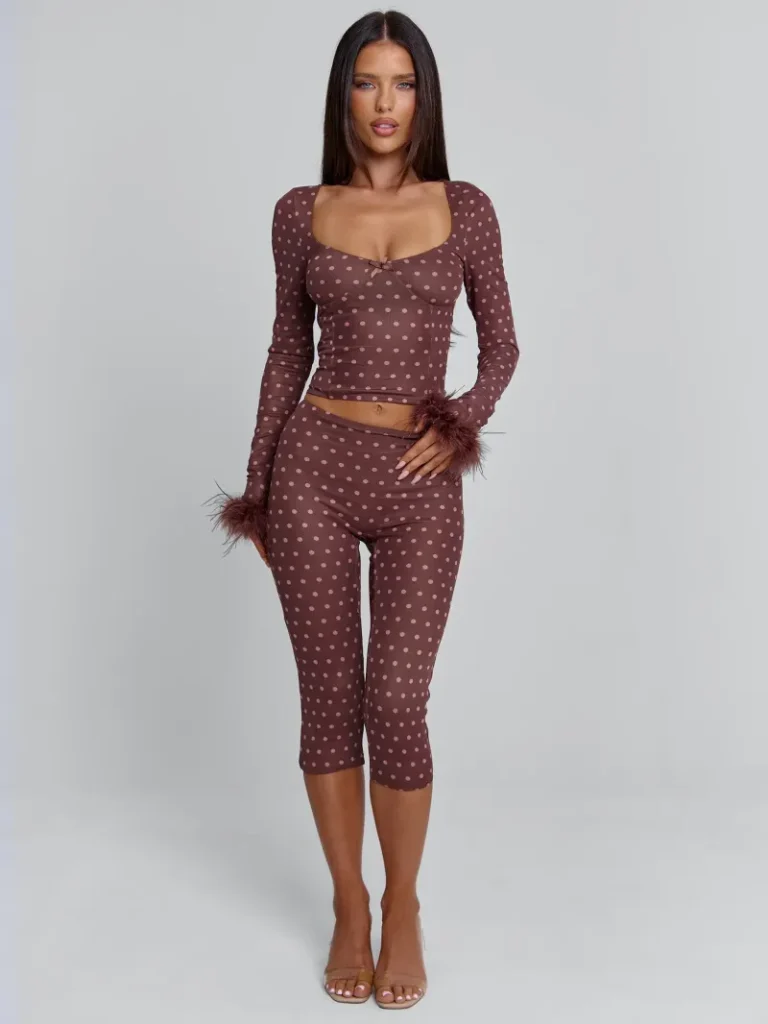 PANT BROWN POLKA DOT TIE DETAIL MESH PANTS