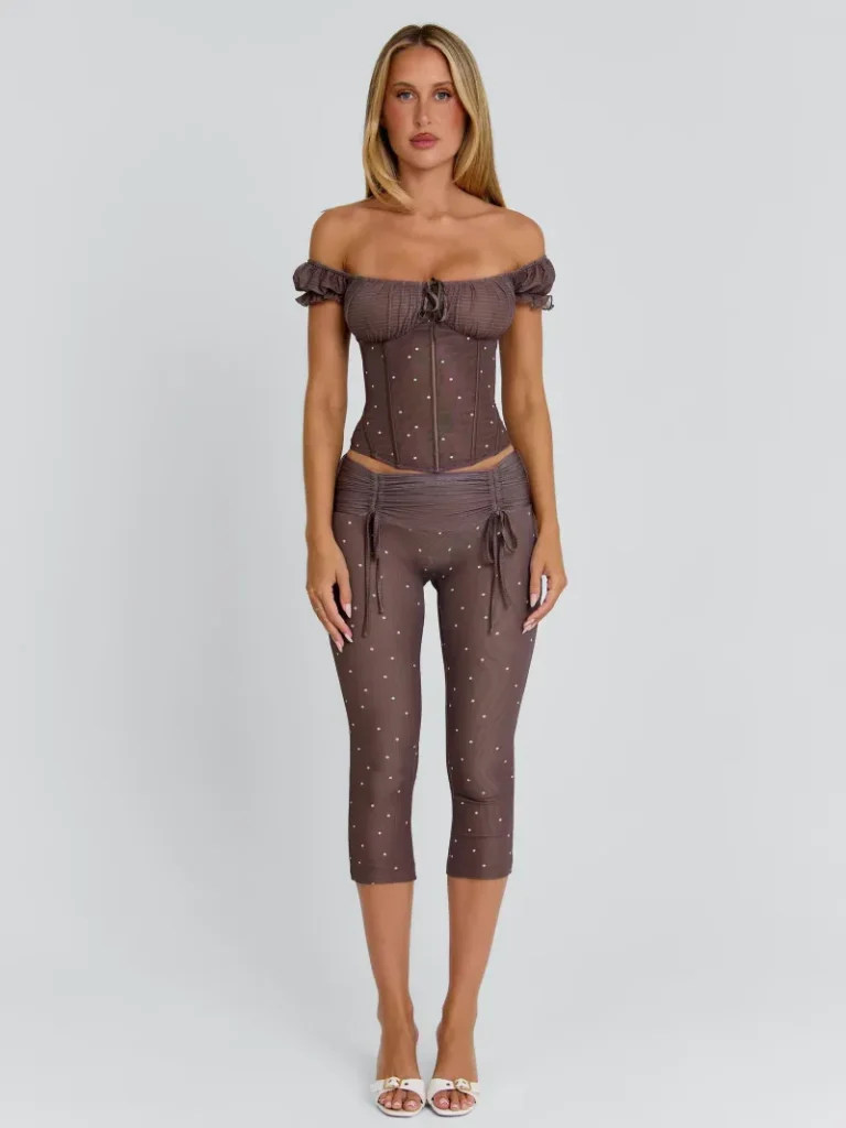 CAPRI CHOCOLATE POLKA DOT TIE DETAIL CORSET PANTS