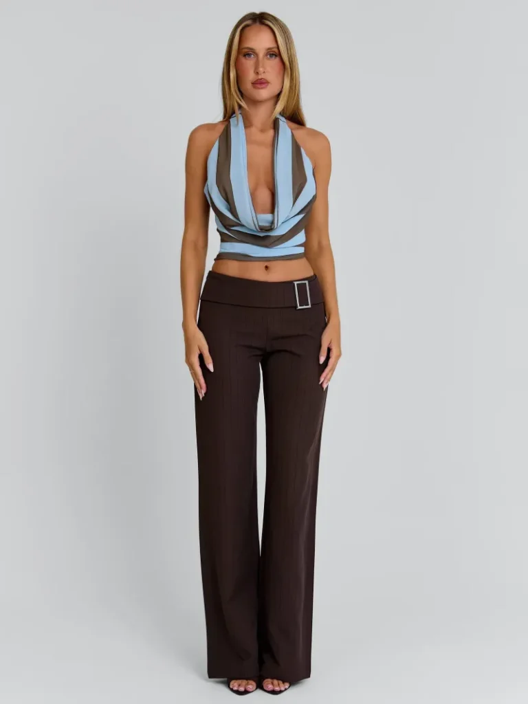 PANT BROWN PINSTRIPE BUCKLE SATIN PANTS