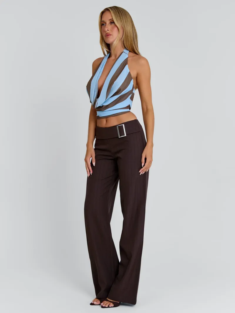 PANT BROWN PINSTRIPE BUCKLE SATIN PANTS - Image 3