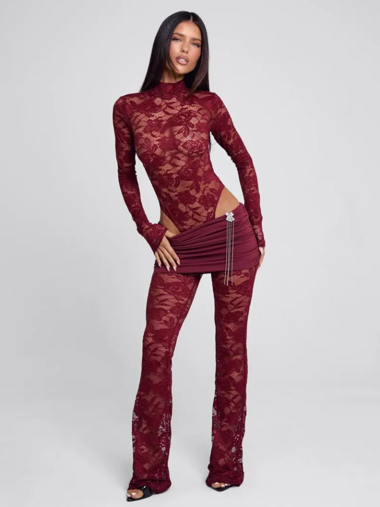 PANT WINE TIE DETAIL LACE PANTS