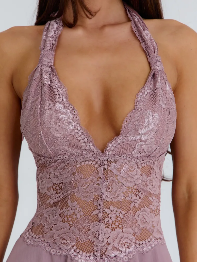 DUSTY PURPLE HALTER PLUNGE PLAYSUIT - Image 5