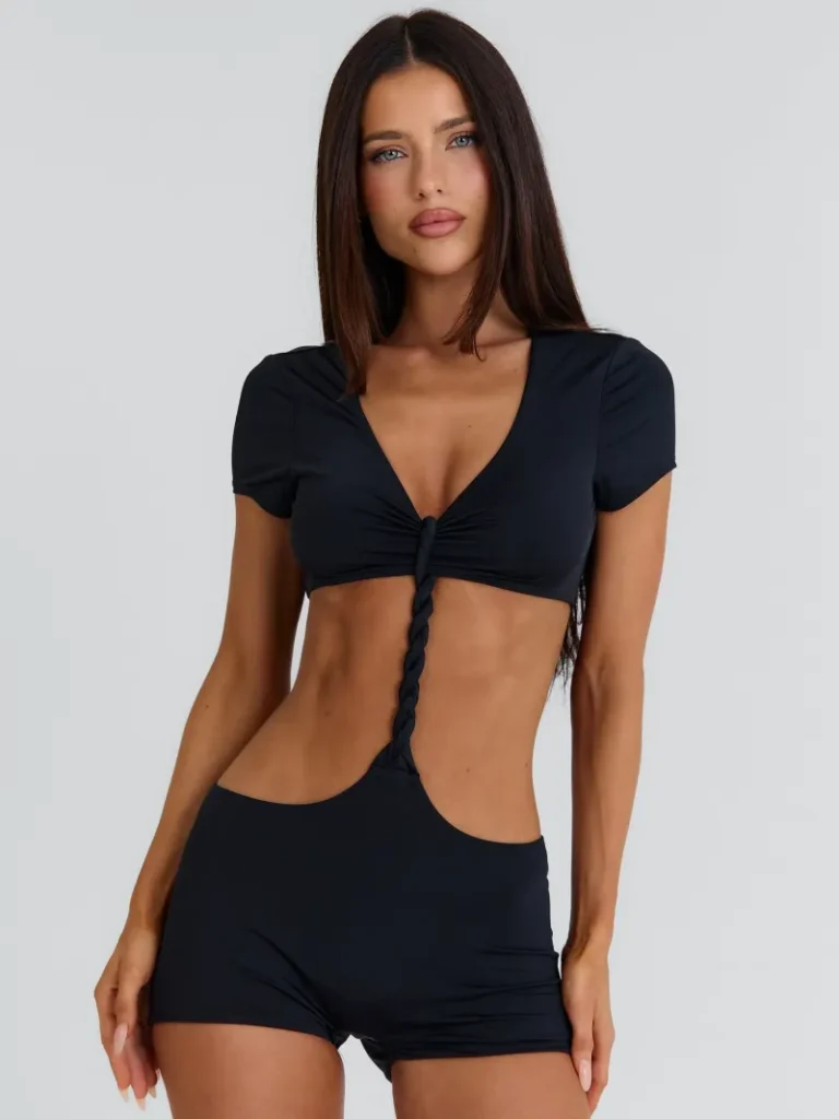 BLACK CUTOUT TIE DETAIL PLAYSUIT
