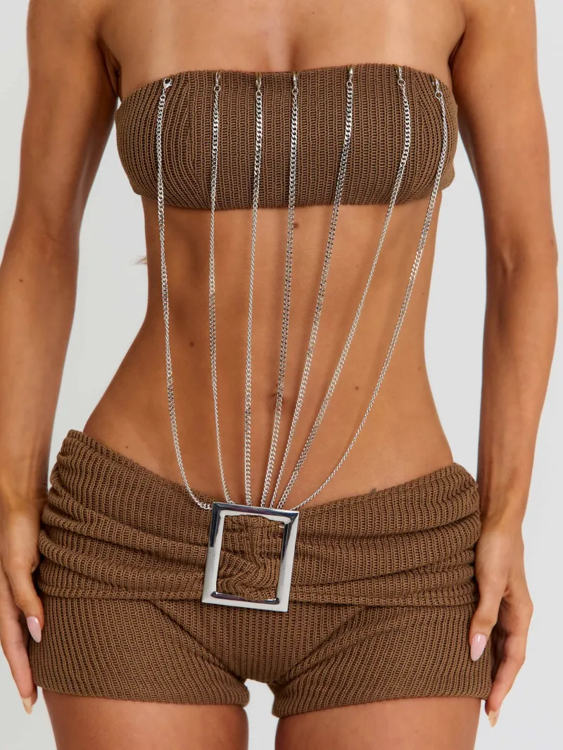BROWN STRAPLESS BANDEAU PLAYSUIT - Image 4