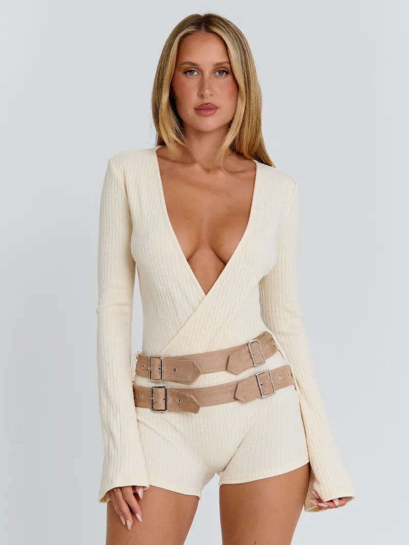 CREAM PLUNGE WRAP PLAYSUIT - Image 2