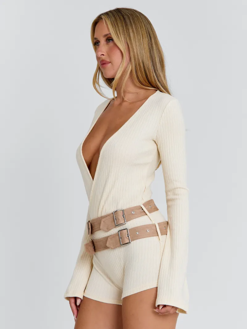 CREAM PLUNGE WRAP PLAYSUIT - Image 3