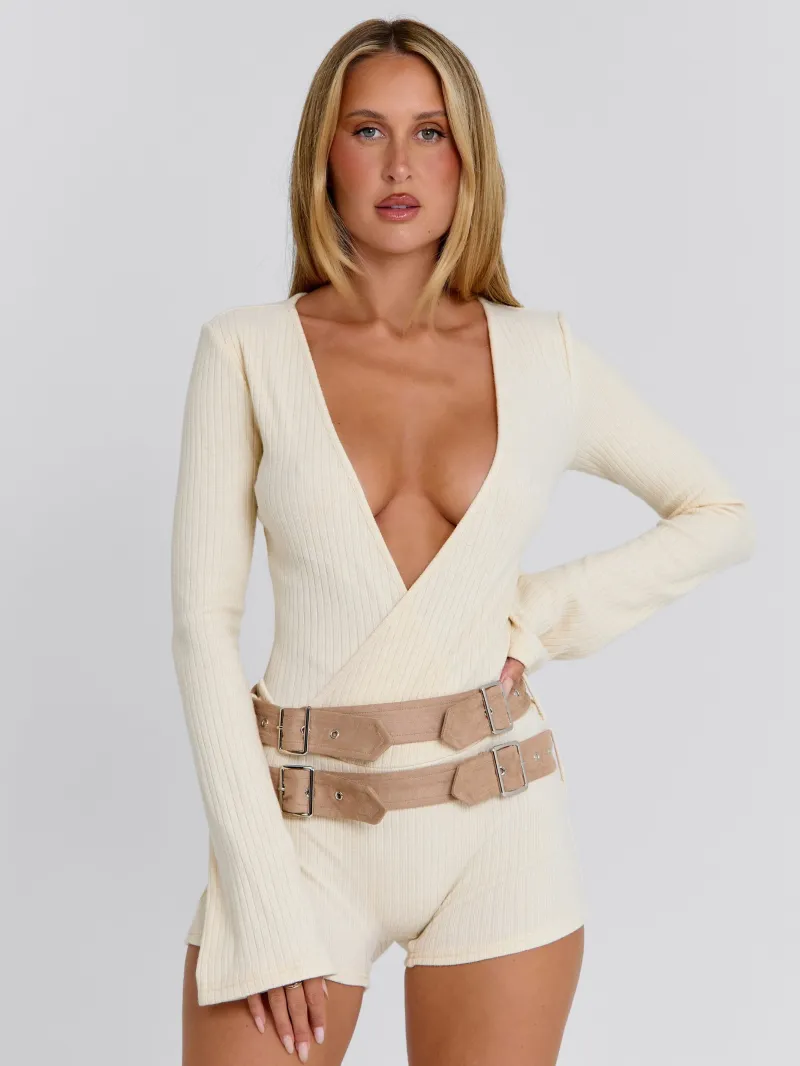 CREAM PLUNGE WRAP PLAYSUIT - Image 4