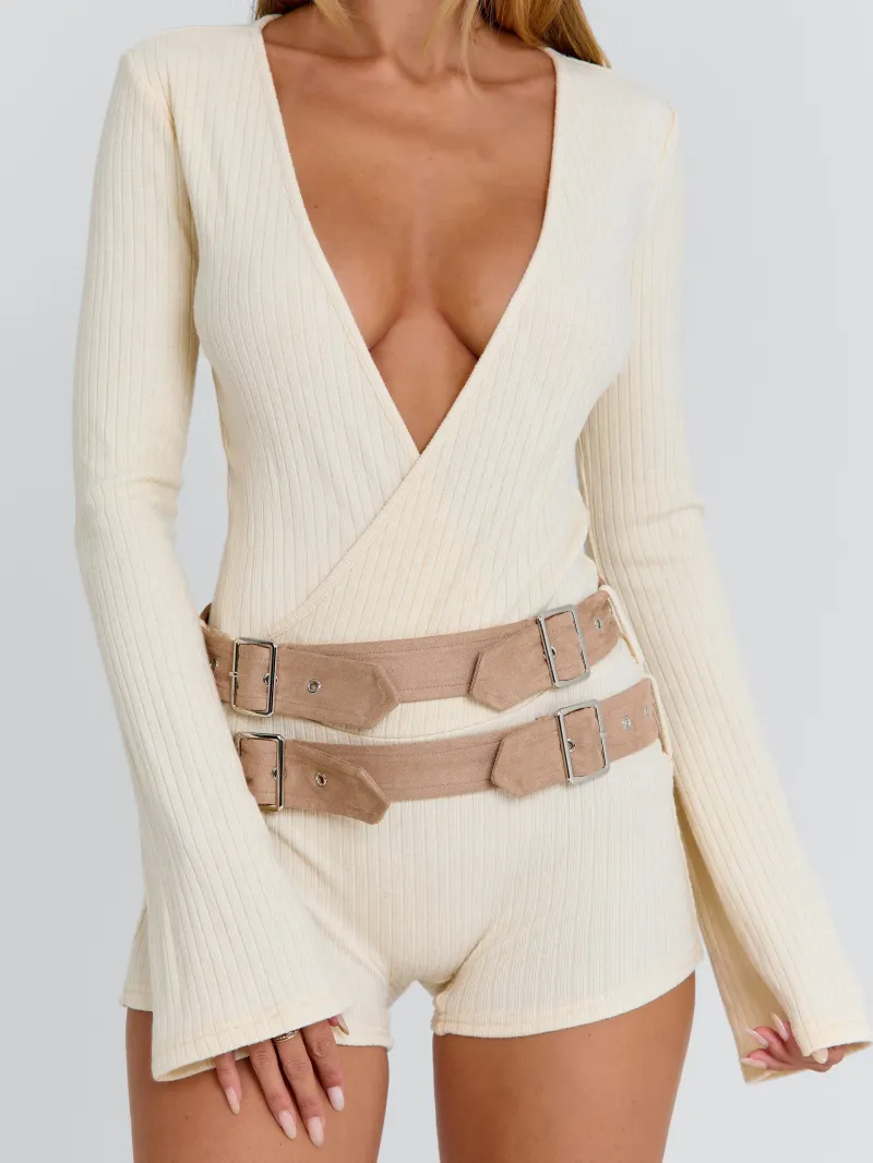 CREAM PLUNGE WRAP PLAYSUIT - Image 5
